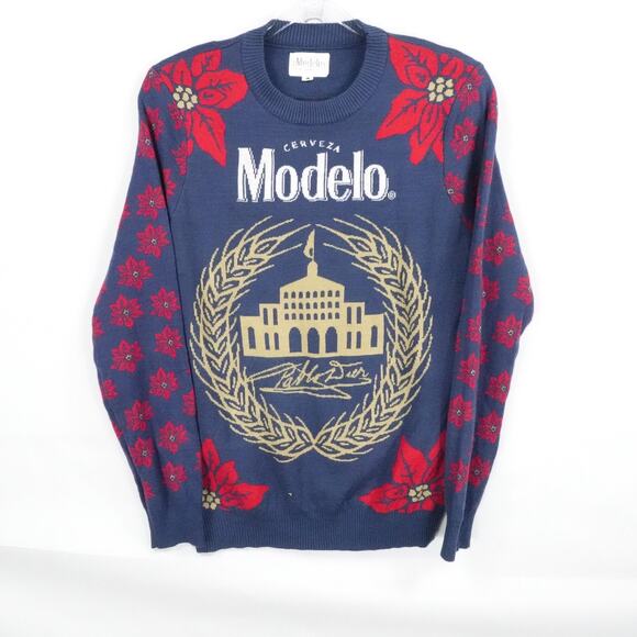 Modelo Sweater Mens Large Blue Red Holiday Poinsettia Beer Christmas Ugly Knit - Picture 1 of 11